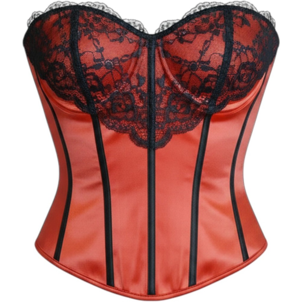 Dreamgirl Red Satin Black Lace Corset Top Lace Up Back Side Zip Style 10042 38